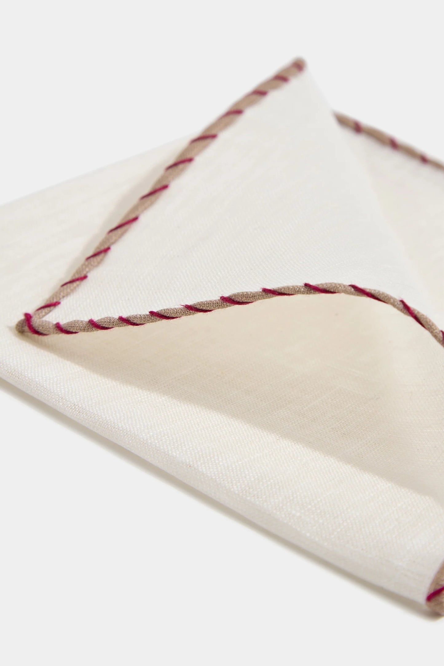 White linen pocket square with beige and red edges - Made in Italy