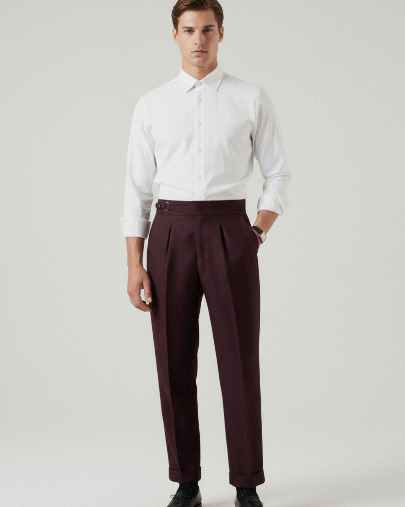 Non Iron High Waist Business Trousers Burgundy Red