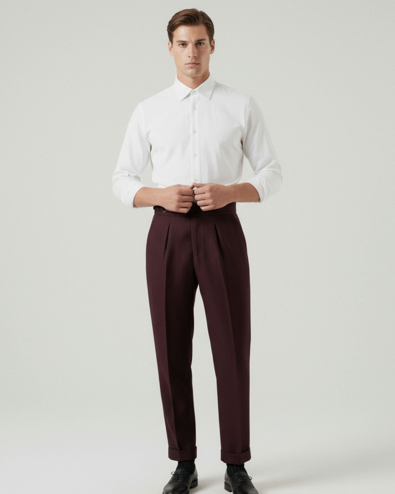 Non Iron High Waist Business Trousers Burgundy Red