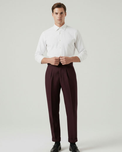 Non Iron High Waist Business Trousers Burgundy Red