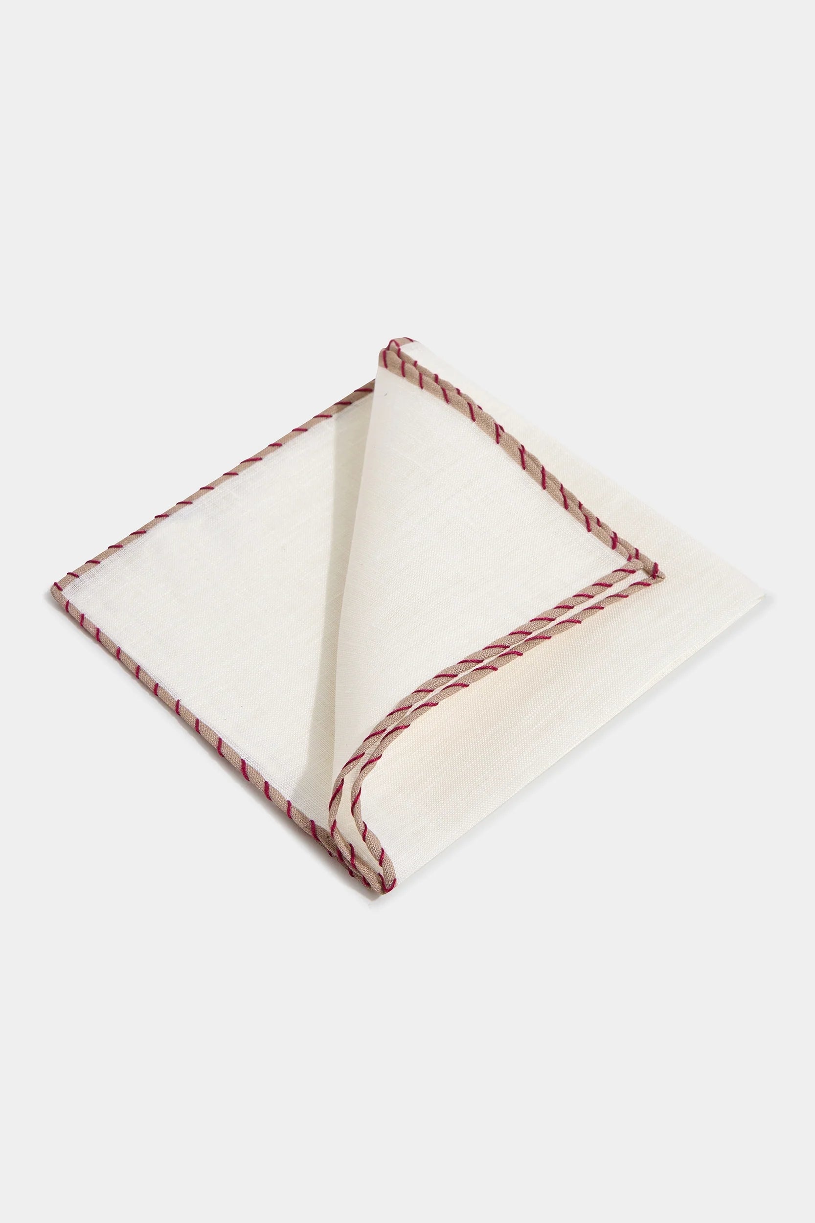 White linen pocket square with beige and red edges  - Made in Italy