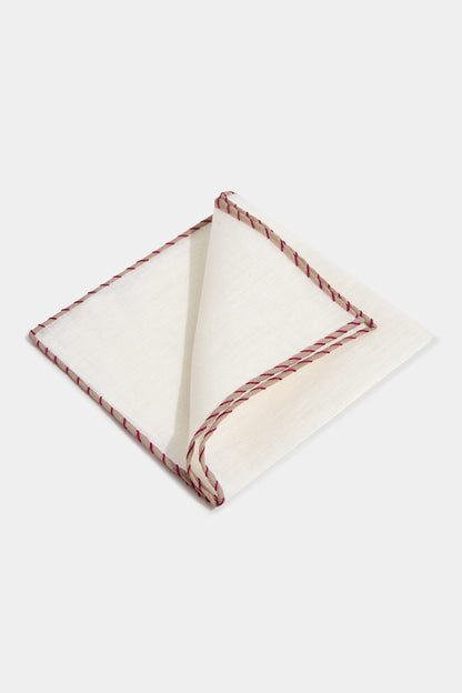 White linen pocket square with beige and red edges  - Made in Italy