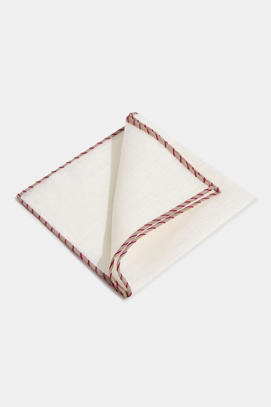 White linen pocket square with beige and red edges  - Made in Italy