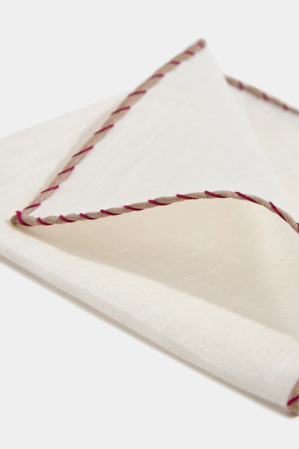 White linen pocket square with beige and red edges  - Made in Italy