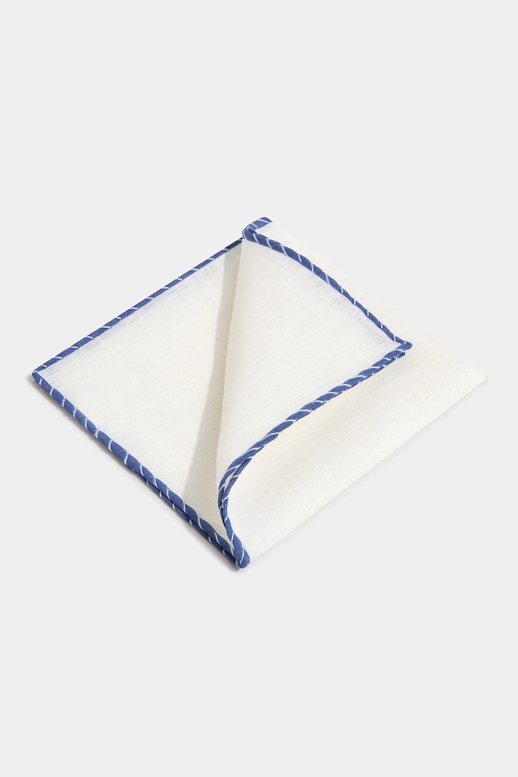 White linen pocket square with blue and light blue edges - Made in Italy