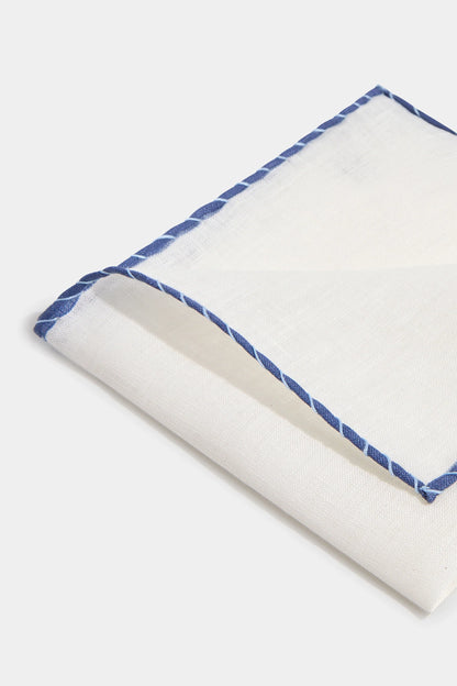 White linen pocket square with blue and light blue edges - Made in Italy