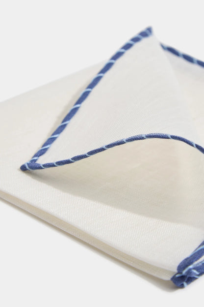 White linen pocket square with blue and light blue edges - Made in Italy