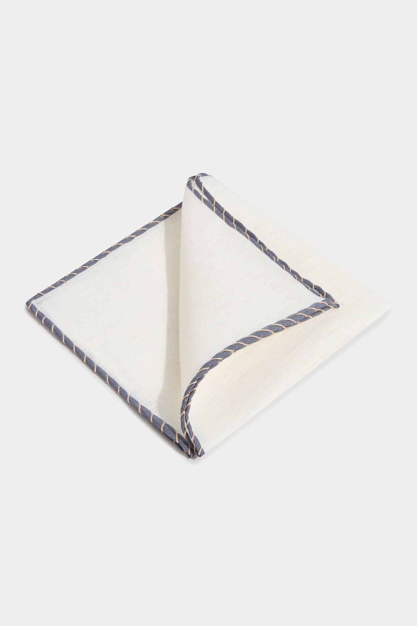 White linen pocket square with grey and beige edges  - Made in Italy