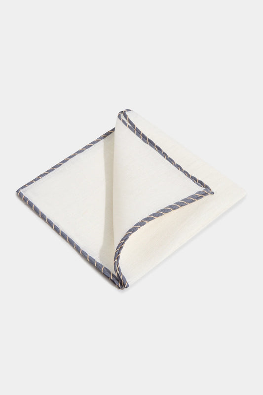 White linen pocket square with grey and beige edges  - Made in Italy