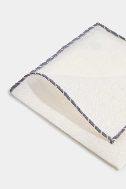 White linen pocket square with grey and beige edges  - Made in Italy