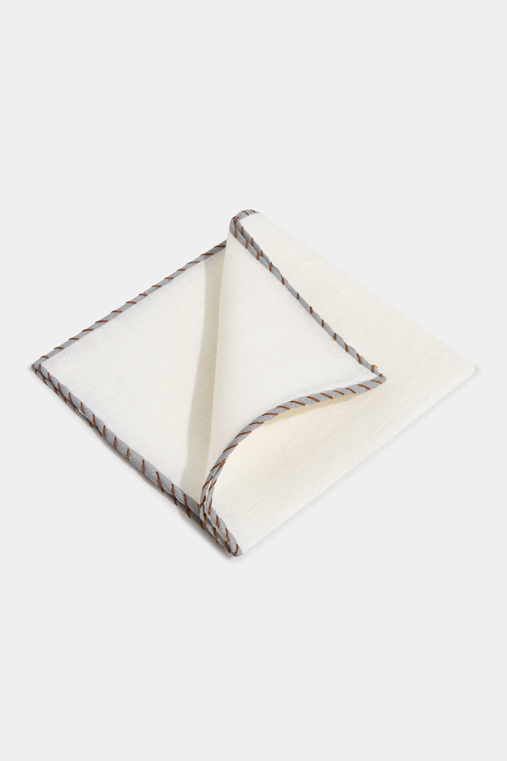 White linen pocket square with grey and cognac edges  - Made in Italy