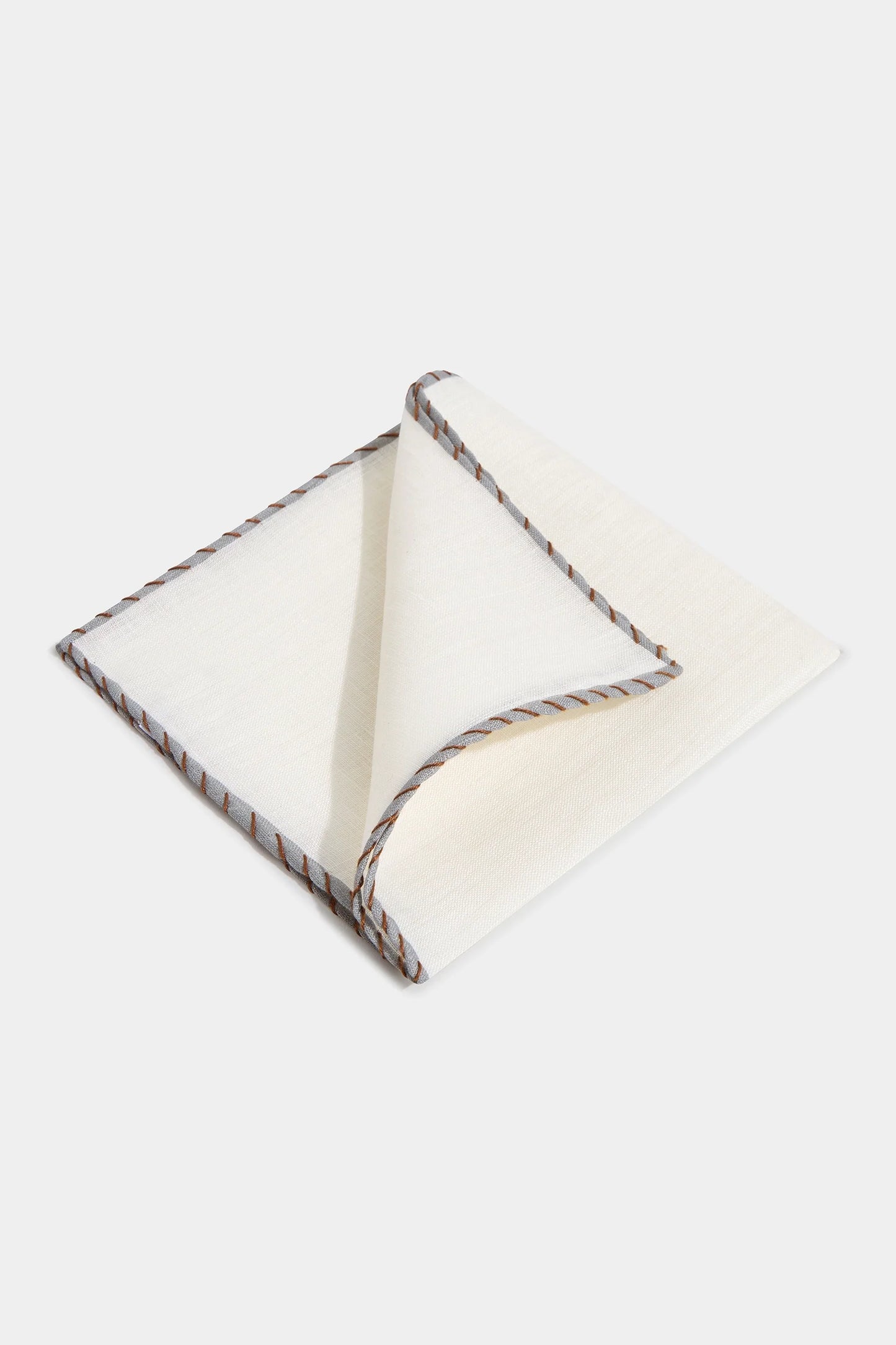White linen pocket square with grey and cognac edges  - Made in Italy
