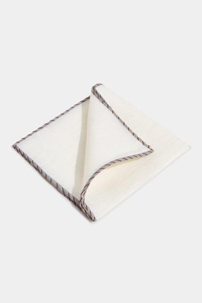 White linen pocket square with grey and cognac edges  - Made in Italy