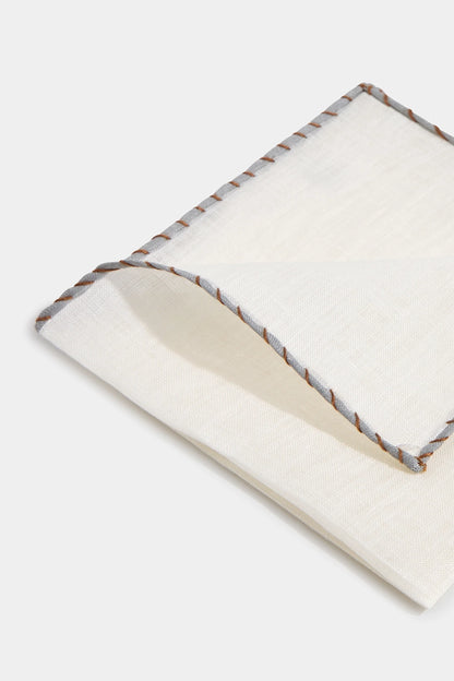 White linen pocket square with grey and cognac edges  - Made in Italy