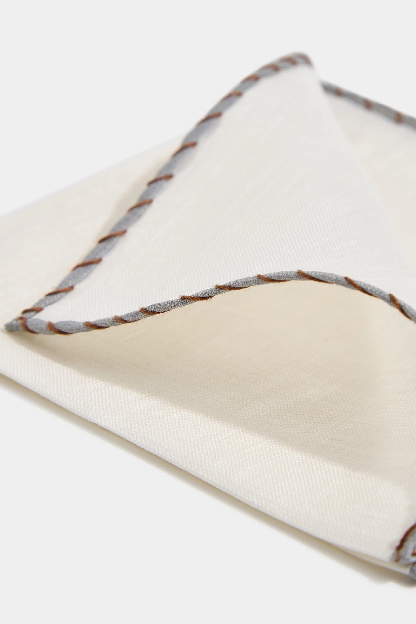 White linen pocket square with grey and cognac edges  - Made in Italy