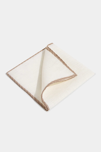 White linen pocket square with taupe and beige edges  - Made in Italy