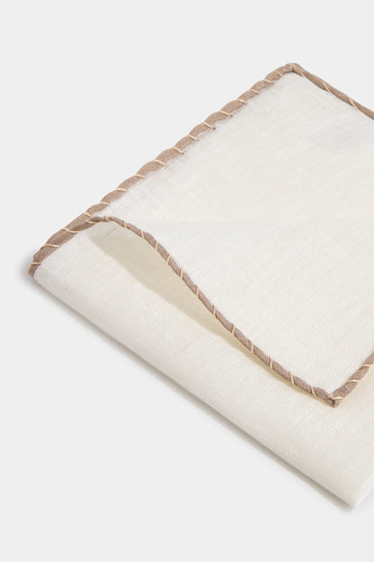 White linen pocket square with taupe and beige edges  - Made in Italy